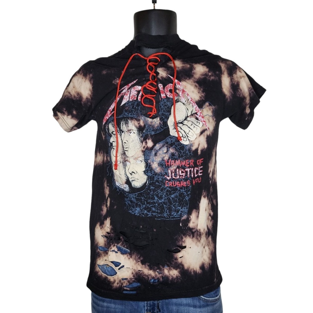 Metallica Shirt Women M Reworked Acid Wash Lace Up Distressed Rock Band Graphic